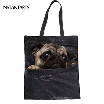 

INSTANTARTS Cute 3D Animal Fake Denim Pug Dog/Labrador Print Recycling Shopping Linen Tote Bag Casual Beach Bag Reusable Eco Bag