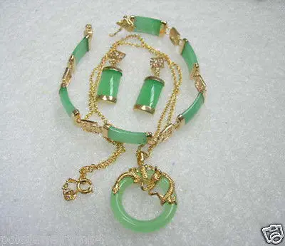 

Jewelry Green Jade 18K GP Bracelet Pendant Necklace Earring Set18K gold plated watch wholesale Quartz stone CZ crystal (A0424)