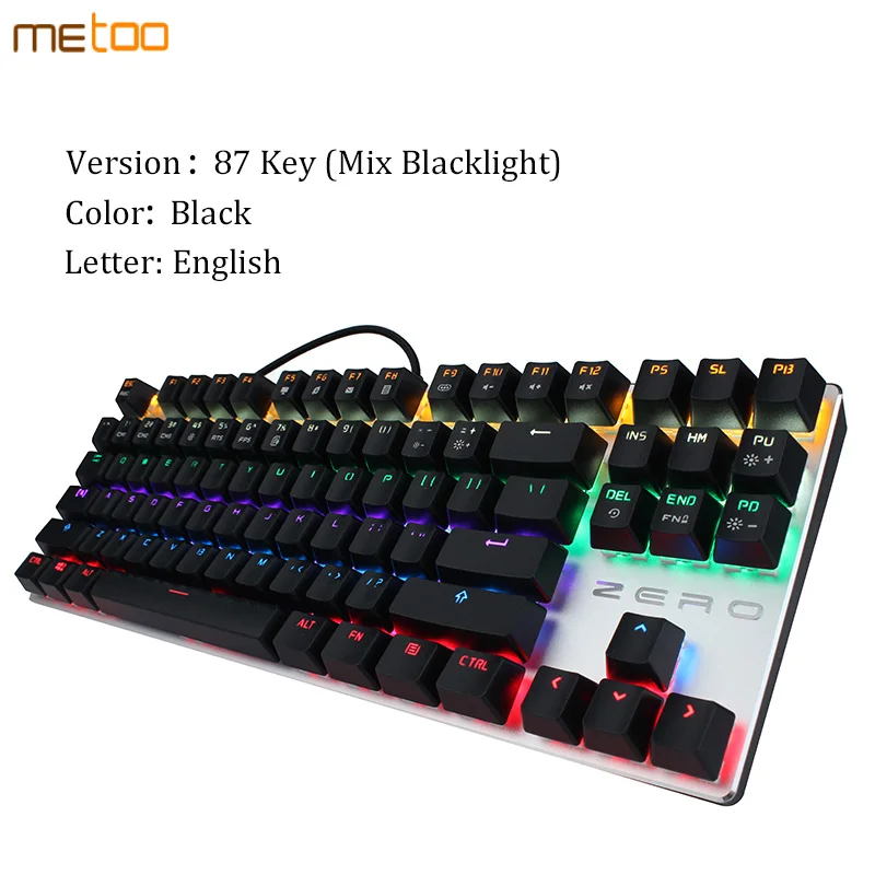 Metoo механическая клавиатура, светодиодный, с подсветкой, 87/104 клавиш, синий/красный/черный переключатель, анти-ореолы, игровая клавиатура, Русский/Английский для геймеров - Цвет: English 87Key