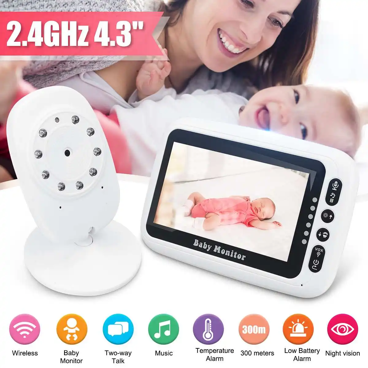 

Video Baby Monitor 2.4G Wireless 4.3 Inches LCD 2 Way Audio Talk Night Vision Video Nanny Babysitter Baby Sleep Monitor