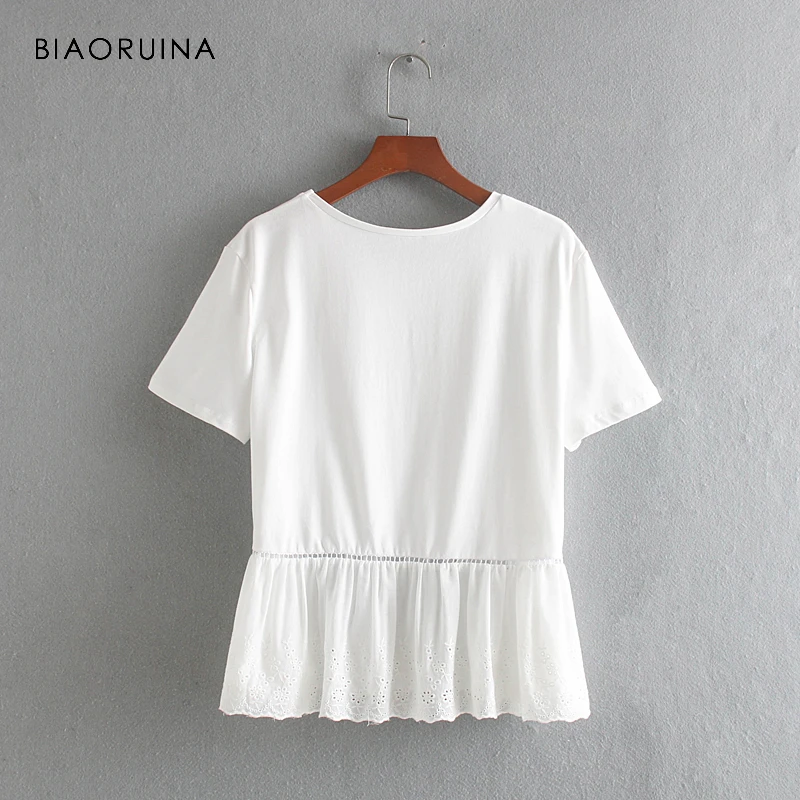 BIAORUINA النساء الطباعة عارضة القطن خليط قدس خارج تيشيرت بأكمام قصيرة س الرقبة الفتيات أزياء فضفاضة كل مباراة تيز قمم