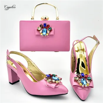 

New fashion pink pointed toe sandals with purse nice shoes and handbag set with stones 108-2 heel height 7cm