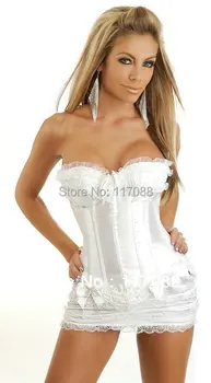

Free shipping!!ML4011 White Satin Corset with Mini Skirt corset (S/M/L/XL) sexy Corset with g-string