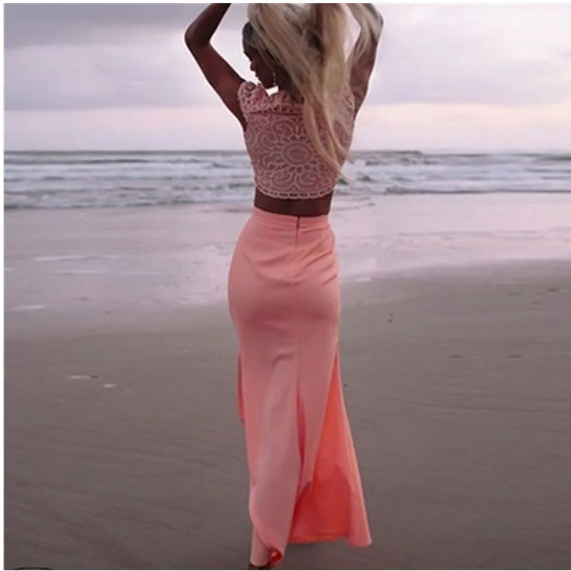 Buy Cheap 2016 new summer party dress sleeveless o-neck Chiffon High Waist Casual Beach Sexy Maxi Long dresses Two piece suit