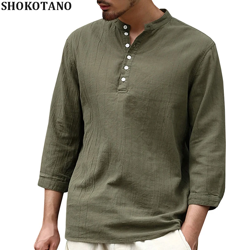 SHOKOTANO Man Three Quarter Solid Shirt V Neck 3/4 Sleeve Stylish Shirt ...