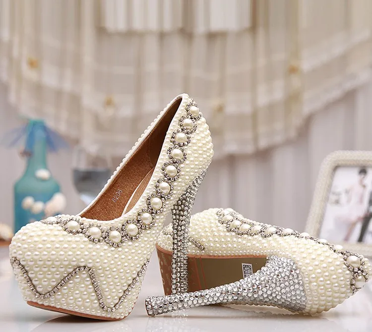 Белые свадебные туфли с жемчугом 13 см свадебные туфли на высоком каблуке со стразами пикантные туфли-лодочки для выпускного туфли большого размера цвета слоновой кости для подружки невесты