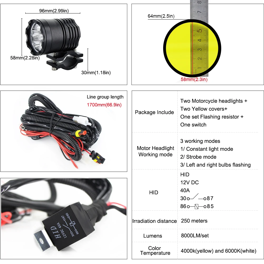 Универсальный 8000 лм/комплект белый желтый светодиодный фонарь для мотоцикла+ переключатель подходит для внедорожника мотоцикла фара 12 В DIY противотуманные фары