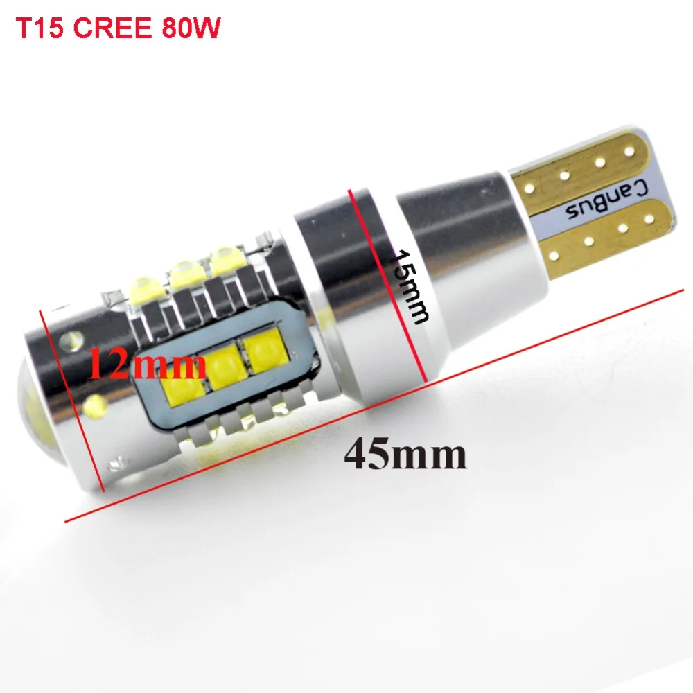 2x AC12V 24V 80W T15 W16W Автомобильный Обратный светильник светодиодный W2.1x9.5D лампа 16SMD XBD чип 921 Автостоянка/клиновидная лампа