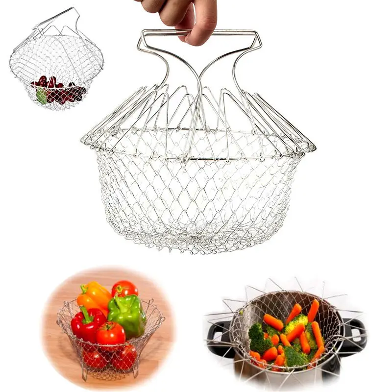 

Creativity Foldable Stainless Steel French Frying Basket Collapsible Colander Mesh Steam Rinse Strainer Cooking Kitchen Tools