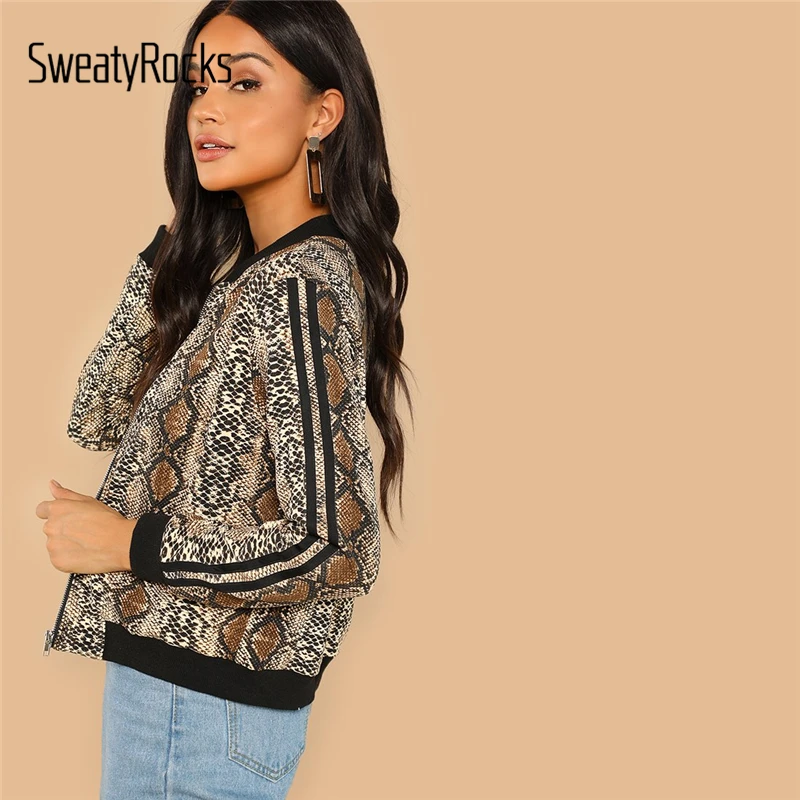 SweatyRocks Casual Striped Sleeve Snakeskin Jacket Stand Collar Zip Up Long Sleeve Coat 2018 Autumn Streetwear Women Jackets