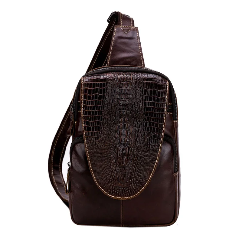 

Men Genuine Leather First Layer Cowhide Crocodile Grain Pattern Sling Chest Bag Travel Shoulder CrossBody Bag DropShipping