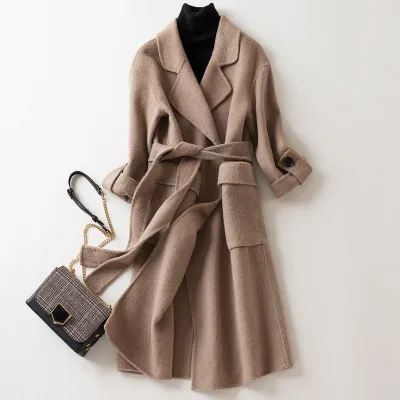 KULAZOPPER Альпака двустороннее шерстяное пальто зимнее женское элегантное длинное кашемировое пальто кардиган куртки с поясом карман ZS263 - Цвет: Khaki