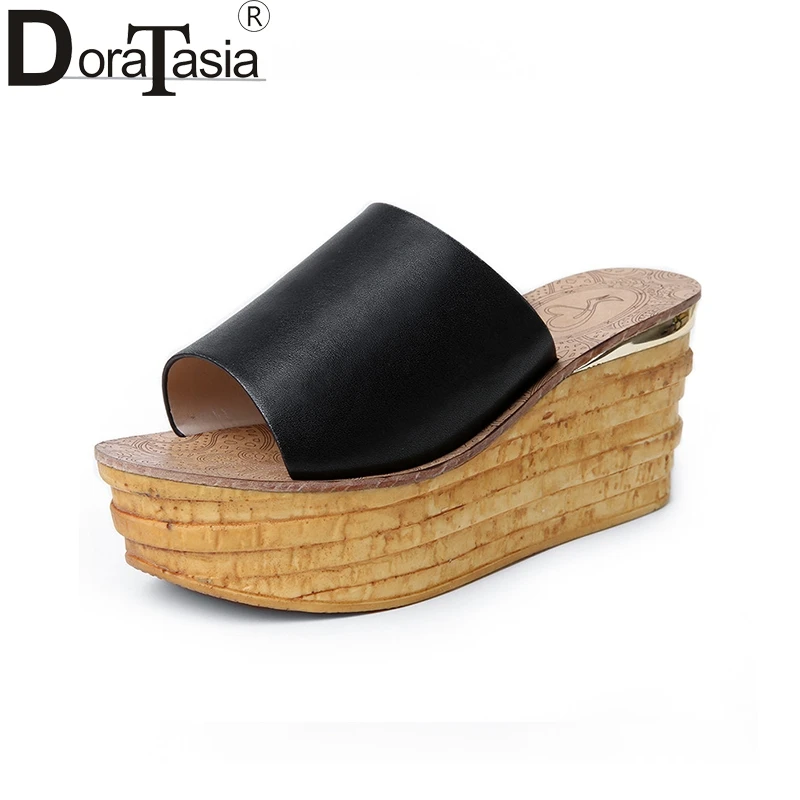 

DoraTasia New Brand Cow Genuine Leather Slip On Woman Solid Fashion Platform Women Shoes Wedges Heel Summer Sandals