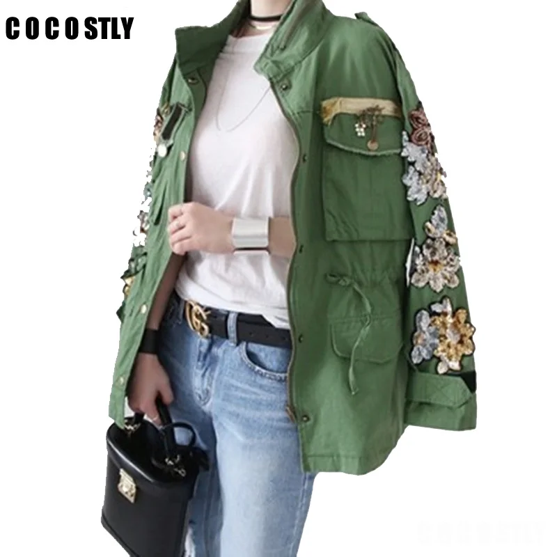 Buy 2018 Army Green Cotton Jackets Women flower
