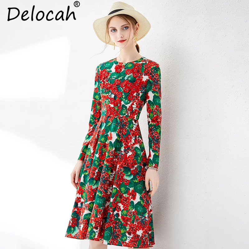 

Delocah Women Spring Summer Dress Runway Fashion Gorgeous Beading Appliques Floral Printed Elegant Vintage Ladies Vacation Dress