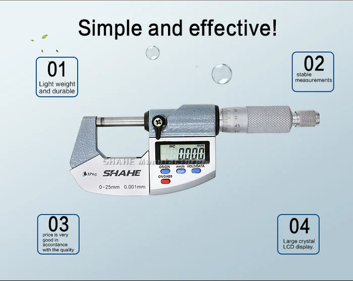 Shahe IP65 цифровой микрометр 0-25 мм 0,001 мм метрический/дюймовый электронный наружный микрометр 0-25 мм