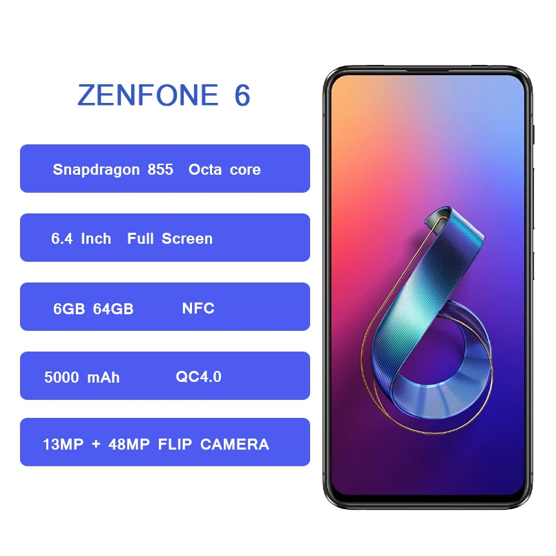 Мобильный телефон ASUS ZenFone 6 с глобальной версией, 6,4 дюймов, FHD+ Snapdragon 855, 6 ГБ ОЗУ, Face ID, 5000 мАч, смартфон на базе Android 9,1, NFC, 4G, LTE