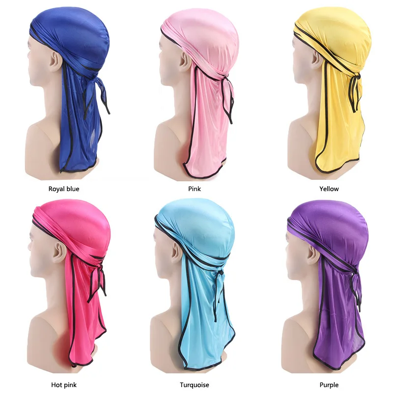 

New Blue Red Black Designer Smooth Durag Cap for Women Elastic Soft Durag with Extra Long Tail and Wide Straps Headwrap Du-Rag
