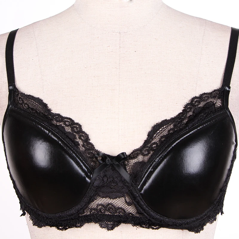 Black Sexy Lingerie Set Lace Vinyl Leather Push Up Bra Low Waist Panties G String Ladies Suspender Wet Look Erotic Underwear  (5)
