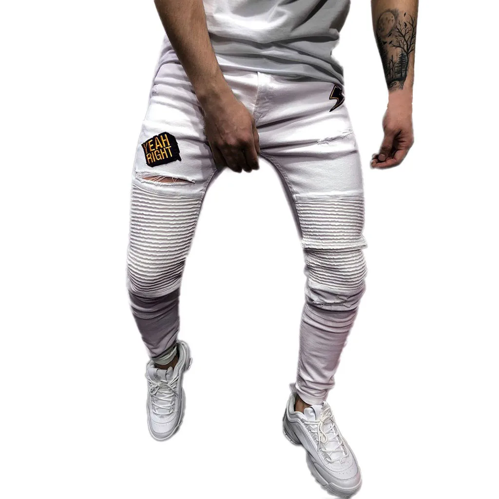 

feitong Cotton Jeans Men Spring 2019 MenClothes Denim Pants Pleated Freyed Slim Fit Casual Trousers Stretch Ripped Jeans