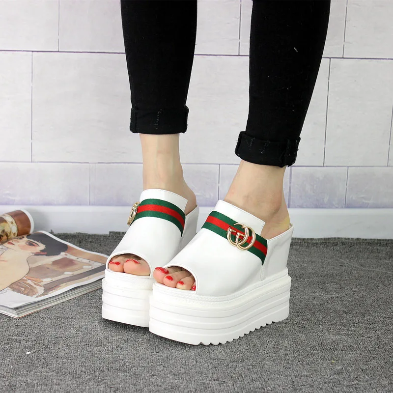

Summer Wedges Peep Toe Slippers Women's 13cm High Helled Korean Female Shoes 2019