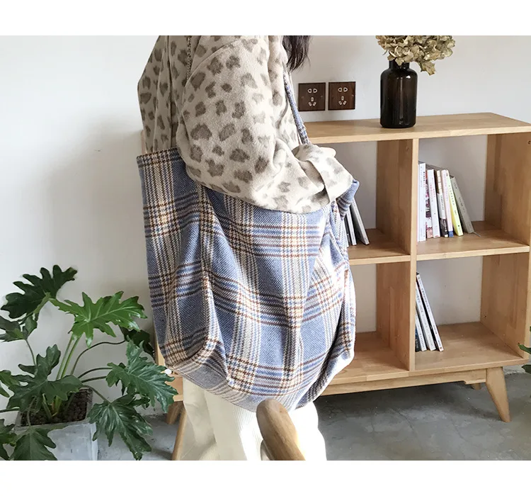 Women Woolen Canvas Bags Scottish Pattern Vintage Plaid Female Large Capacity Big Tote Handbag Ladies Casual Shoulder Bag