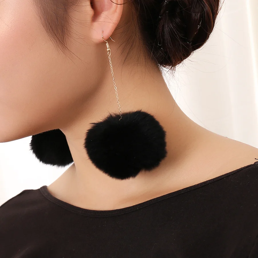 Ingesight.Z 5 Colors Exaggerated Rabbit Hair Pompon Chain Dangle Drop Earrings for Women Cony Hair Plush Ball Eardrop Brincos
