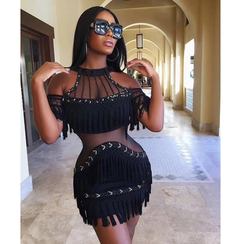 

2017 New Style Chic Short Sleeve Off The Shoulder Beading Mesh Dress Elegant Tassel Black Light Purple Celebrity Party Dresses