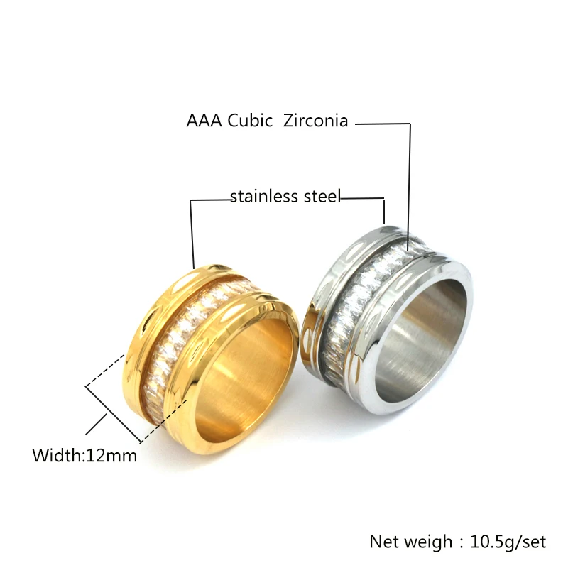 PZ большие кольца из нержавеющей стали, инкрустированные цирконом, Большой Циркон, золото, сталь, цвет, обручальное кольцо, гладкая толщина, женское, мужское кольцо