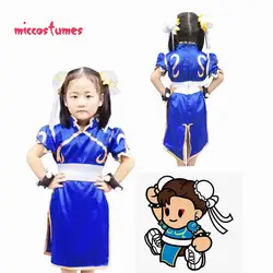 Chun Li/детский голубой костюм для косплея, Cheongsam, вечерние платья на Хэллоуин для девочек, наряд на Хэллоуин