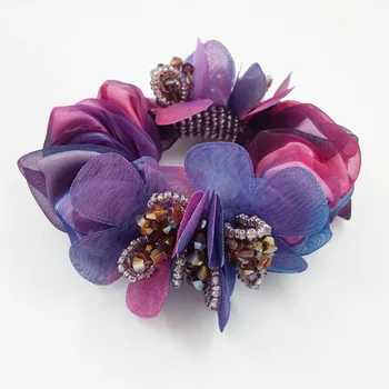 

Wholesale 12pcs Handmade Crystal Beaded Hair Bun Holder Korean Chiffon Elastic Hair Rope Ponytail Holder