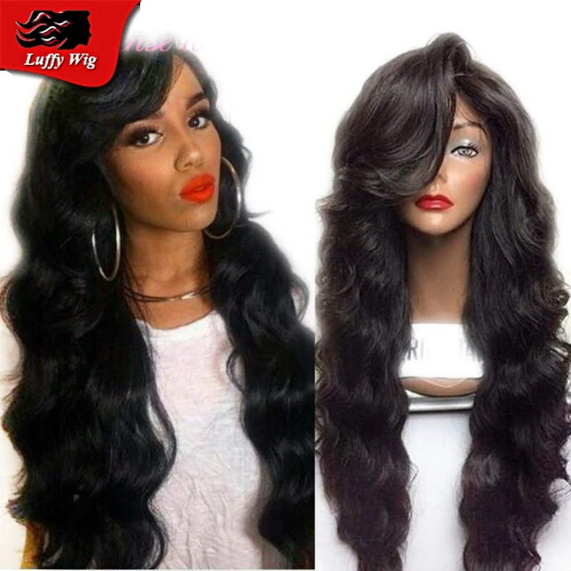 Top Grade Lace Front Human Hair Wigs Brazilian Virgin Hair Wavy Full Lace Wigs with Side Bangs