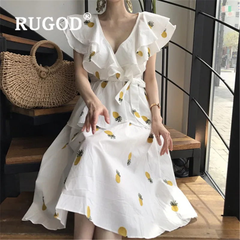 RUGOD модное платье с вышивкой ананаса и рюшами женское повседневное милое v