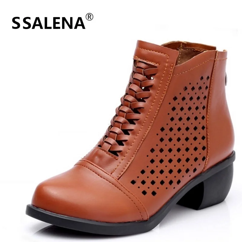 

Ladies Vintage Style Leather Ankle Boots Breathable Hollow Out Women Ankle Boots Square Heels Soft Sole Short Boots AA40229