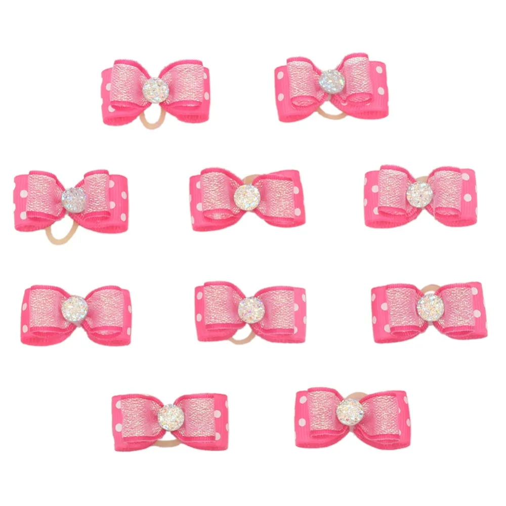 10pcs Hot Pink Dog Hair Bows With Rubber Bands Bowknots For Long Hair