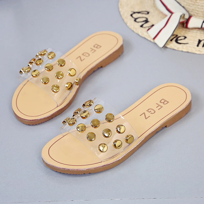 

2019 Summer New Slippers Women Shoes Flat Comfortable Peep ToeTransparent Fabric Slippers Rivet Jelly Shoes