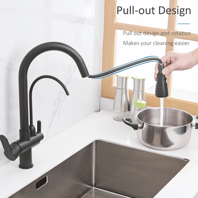  Quyanre Matte Black Filtered Crane For Kitchen Pull Out Spray 360 Rotation Water Filter Tap Three W - 32981734222