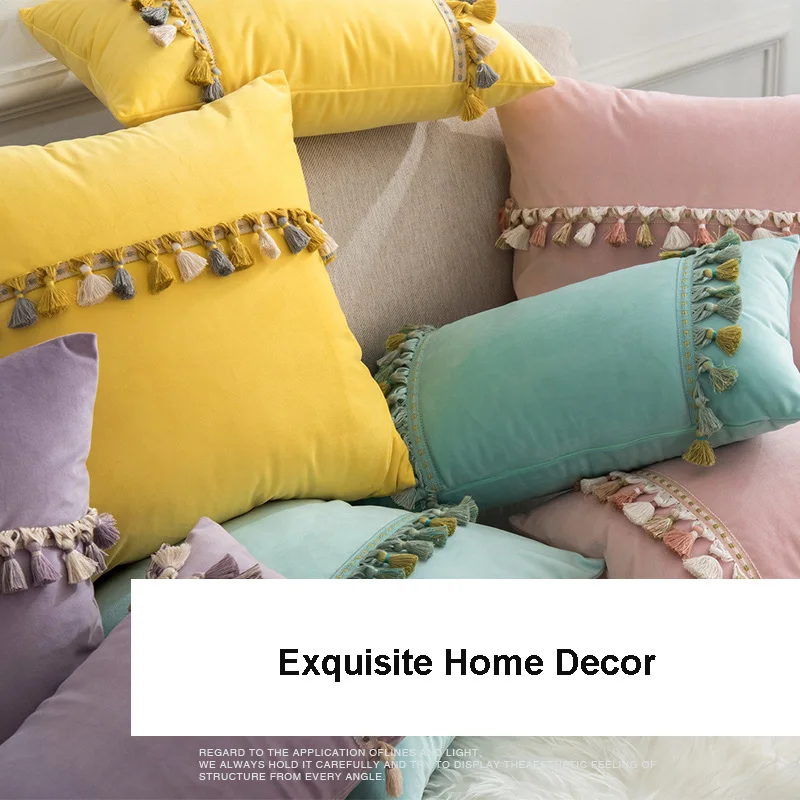

Nordic Cushion Covers for Sofa Velvet Cushion Cover Tassels Pink Green Yellow Purple Throw Pillowcases Home Decor Wedding Gift