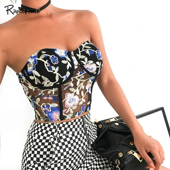 

Rapcopter Women Sexy Sleeveless Grenadine Decorative Border Tube Tops Embroidery Flowers With Breast Cotton Streetwear Crop Top