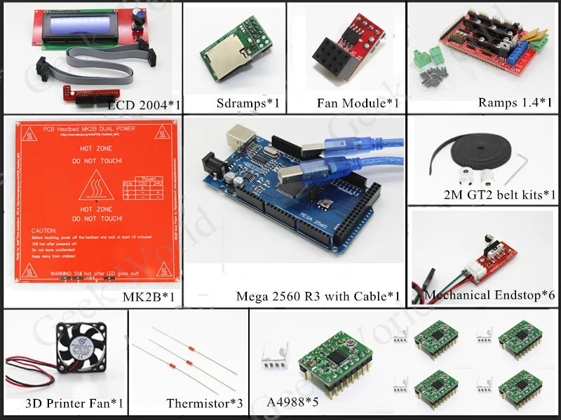  3D Printer kits - Mega 2560 R3/Ramps 1.4/Heatbed MK2B/2004 LCD Controller/A4988/Mechanical Endstop/Fan and Fan module/GT2 belt 