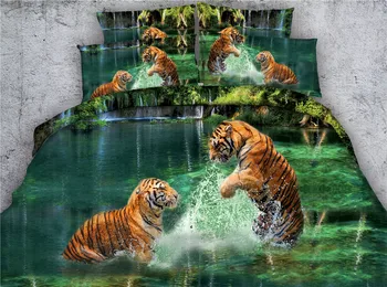 

Two tigers playing water bed linen 3d 4 piece single size bedsheet green nature bedding sheets 6pcs duvet cover Queen King Full