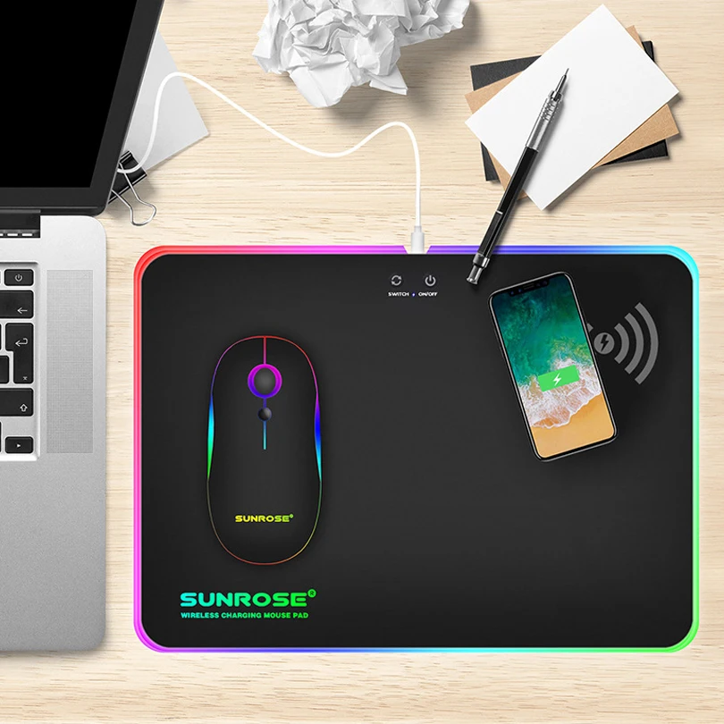 RGB LED Gaming Mouse Pad With Wireless Charger Function USB Wired Glowing Mousepad Laptop Desktop M