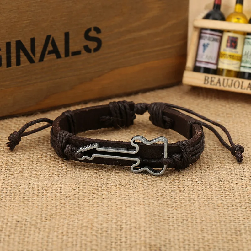 

2018 Hot Sale Vintage Alloy Hollow Guitar Leather Bracelet For Women and Men Handmade Jewelry Pulseira Masculina Friendship Gift