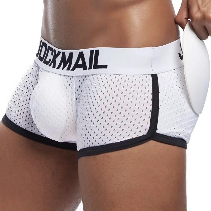 JOCKMAIL, сексуальное мужское нижнее белье, боксеры, мужское нижнее белье с дышащей сеткой, съемные две накладки на ягодицы и одна Передняя накладка - Цвет: Белый