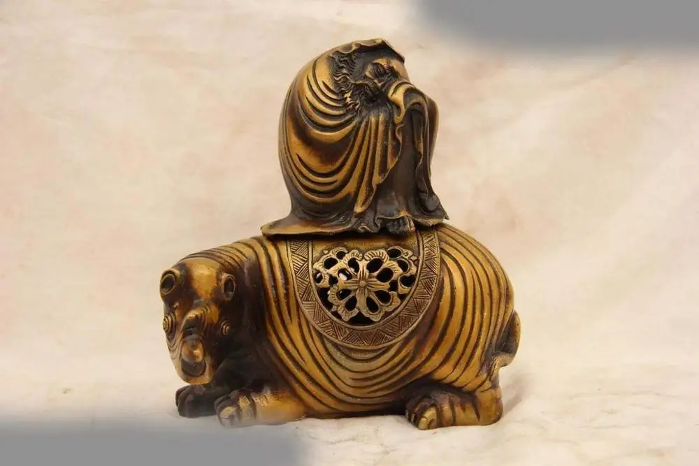 

7 Chinese Folk Copper Bronze Ride Rhinoceros Bodhidharma Censer incense burner SD 506