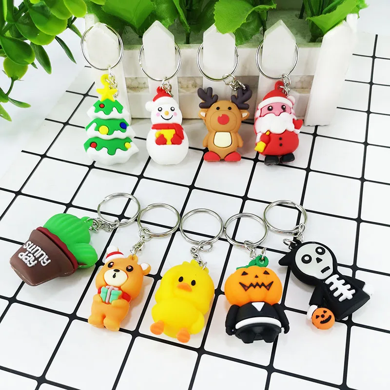 

Creative PVC Soft Cartoon Christmas Halloween Duck Old Man Cactus Keychain Pendant Girl Car Key Alloy Pendant Holiday Gift