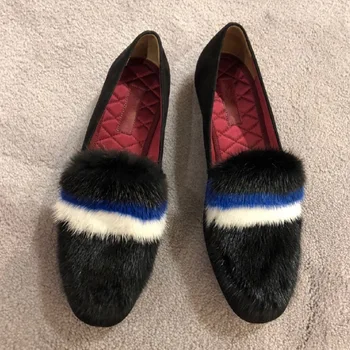 

Spring Autumn Black Flock Square Toe Shallow Slip On Women Flat Shoes Mix Color Fur Flock Designer Casual Loafers
