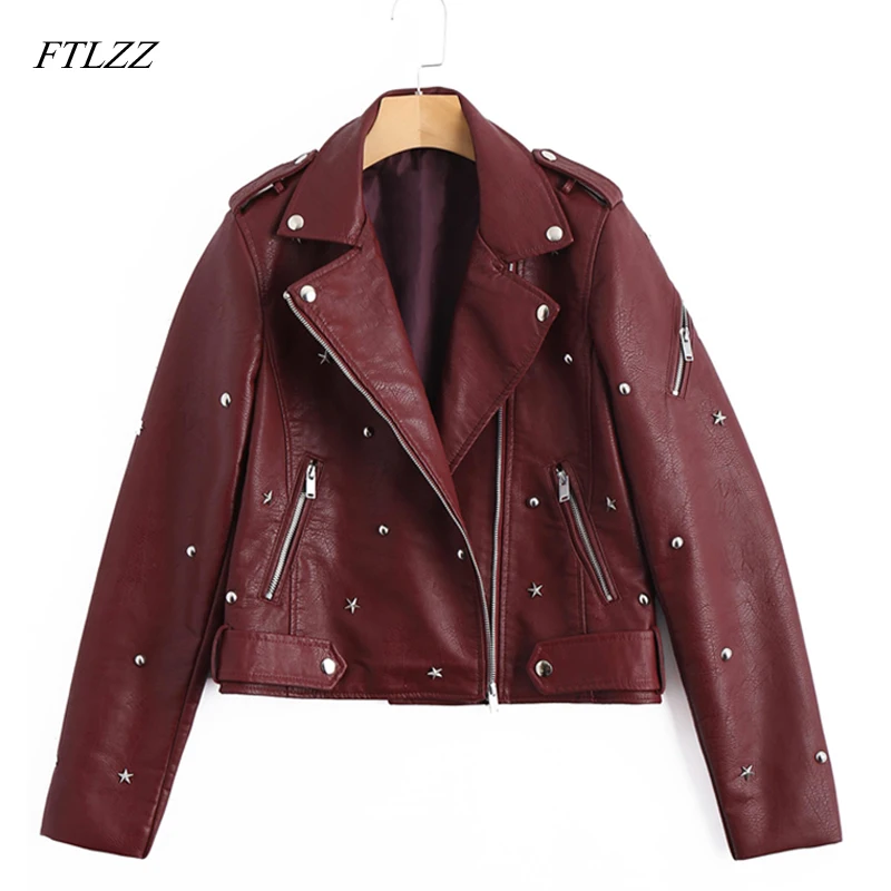 

FTLZZ Faux Leather Jacket Women Streetwear Punk Rivet Jacket PU Bomber Coat Motorcycle Biker Jacket Embroidery Zipper Outwear
