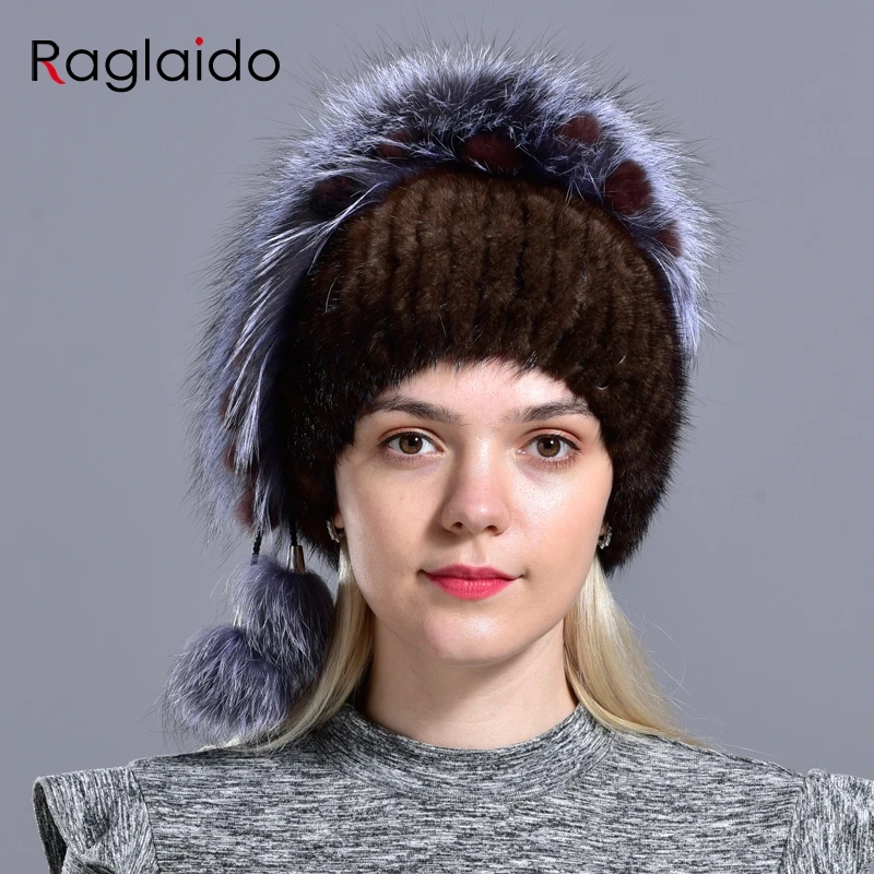 

New Women's Hat Knitted Real Mink Hats for Girls Real Fur Winter hats warm Beanies Fox fur Ball Cap LQ11245