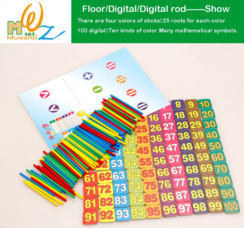 MWZ Wooden Math Toys for children Montessori  toys 100PCS Stickers and 100PCS sticker Digital Card  Learning Educational